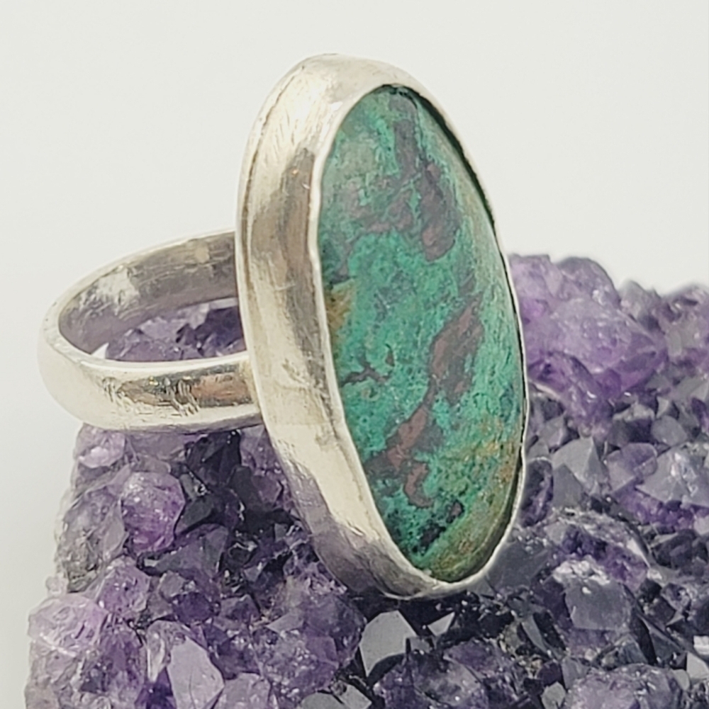 CHRYSOCOLLA OVAL SHAPE RING HANDMADE IN STERLING SILVER METAL  SZ 7
